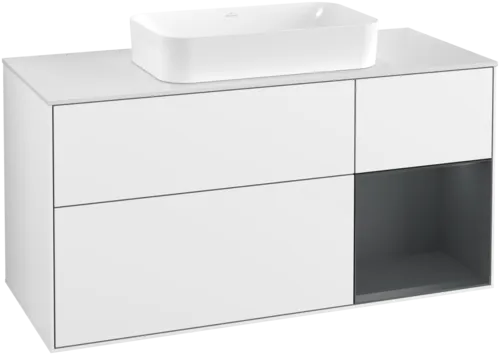 VILLEROY BOCH Toaletní skříňka Finion, s osvětlením, 3 výsuvy, 1200 x 603 x 501 mm, lesklý bílý lak / půlnoční modrý matný lak / bílé matné sklo #F711HGGF