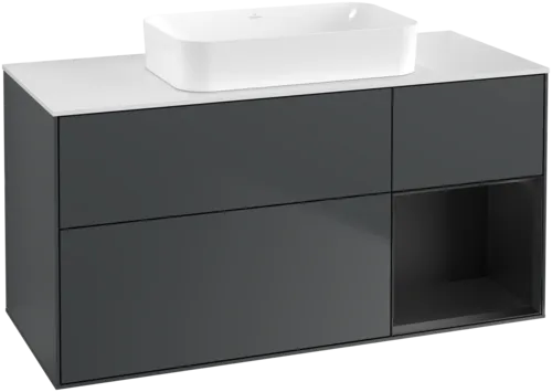 VILLEROY BOCH Toaletní skříňka Finion, s osvětlením, 3 výsuvy, 1200 x 603 x 501 mm, Midnight Blue Matt Lacquer / Black Matt Lacquer / Glass White Matt #F711PDHG