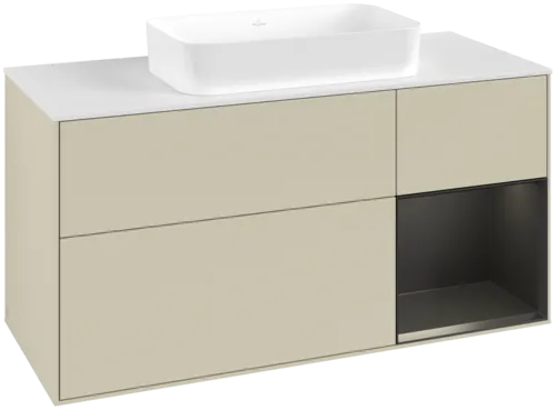 VILLEROY BOCH Toaletní skříňka Finion, s osvětlením, 3 výsuvy, 1200 x 603 x 501 mm, hedvábně šedý matný lak / černý matný lak / bílé matné sklo #F711PDHJ