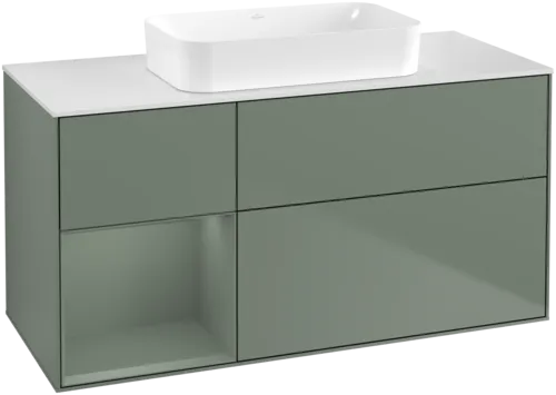 VILLEROY BOCH Toaletní skříňka Finion, s osvětlením, 3 výsuvy, 1200 x 603 x 501 mm, olivově matný lak / olivově matný lak / sklo bílé matné #F701GMGM