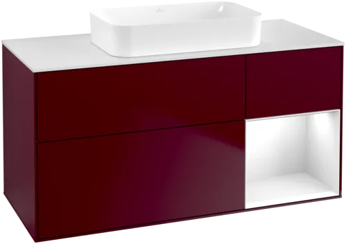VILLEROY BOCH Toaletní skříňka Finion, s osvětlením, 3 výsuvy, 1200 x 603 x 501 mm, matný lak Peony / lesklý bílý lak / matné bílé sklo #F711GFHB