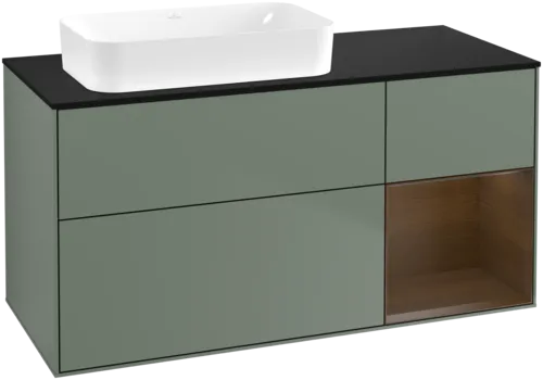 VILLEROY BOCH Toaletní skříňka Finion, s osvětlením, 3 výsuvy, 1200 x 603 x 501 mm, olivový matný lak / ořechová dýha / černé matné sklo #F692GNGM