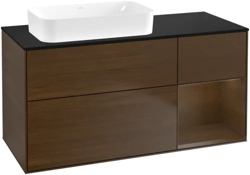VILLEROY BOCH Toaletní skříňka Finion, s osvětlením, 3 výsuvy, 1200 x 603 x 501 mm, ořechová dýha / ořechová dýha / sklo černé matné #F692GNGN