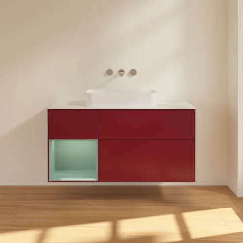 VILLEROY BOCH Toaletní skříňka Finion, s osvětlením, 3 výsuvy, 1200 x 603 x 501 mm, Pivoňka matný lak / Olivový matný lak / Sklo bílé matné #F701GMHB, obrázek 3