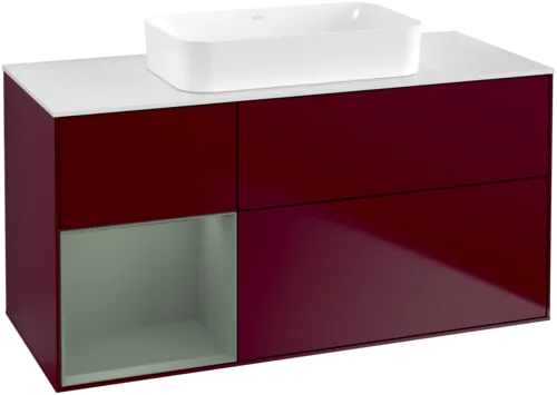 VILLEROY BOCH Toaletní skříňka Finion, s osvětlením, 3 výsuvy, 1200 x 603 x 501 mm, Pivoňka matný lak / Olivový matný lak / Sklo bílé matné #F701GMHB