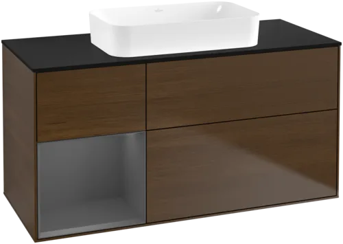 VILLEROY BOCH Toaletní skříňka Finion, s osvětlením, 3 výsuvy, 1200 x 603 x 501 mm, ořechová dýha / antracitový matný lak / černé matné sklo #F702GKGN