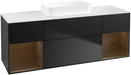 VILLEROY BOCH Toaletní skříňka Finion, s osvětlením, 4 výsuvy, 1600 x 603 x 501 mm, černý matný lak / ořechová dýha / sklo bílé matné #F741GNPD