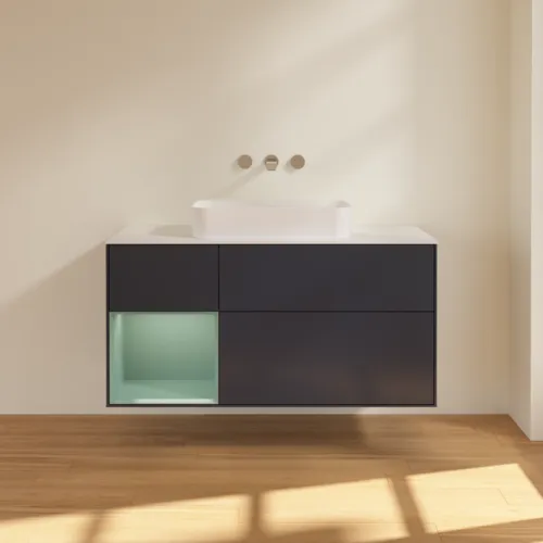 VILLEROY BOCH Toaletní skříňka Finion, s osvětlením, 3 výsuvy, 1200 x 603 x 501 mm, Midnight Blue Matt Lacquer / Olive Matt Lacquer / Glass White Matt #F701GMHG, obrázek 2