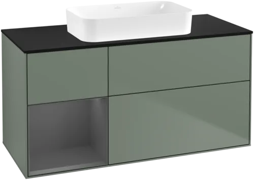 VILLEROY BOCH Toaletní skříňka Finion, s osvětlením, 3 výsuvy, 1200 x 603 x 501 mm, olivový matný lak / antracitový matný lak / černé matné sklo #F702GKGM