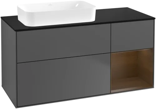 VILLEROY BOCH Toaletní skříňka Finion, s osvětlením, 3 výsuvy, 1200 x 603 x 501 mm, antracitový matný lak / ořechová dýha / černé matné sklo #F692GNGK