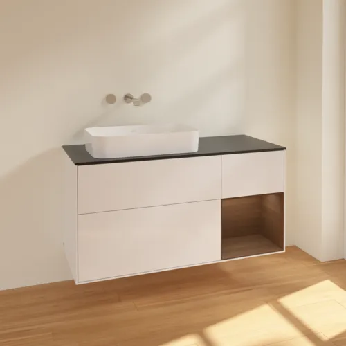 VILLEROY BOCH Toaletní skříňka Finion, s osvětlením, 3 výsuvy, 1200 x 603 x 501 mm, lesklý bílý lak / ořechová dýha / černé matné sklo #F692GNGF, obrázek 2