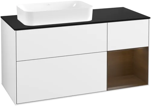 VILLEROY BOCH Toaletní skříňka Finion, s osvětlením, 3 výsuvy, 1200 x 603 x 501 mm, lesklý bílý lak / ořechová dýha / černé matné sklo #F692GNGF