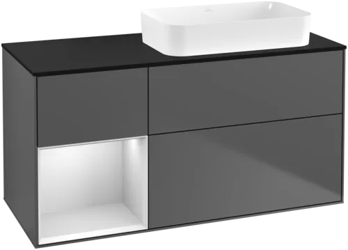 VILLEROY BOCH Toaletní skříňka Finion, s osvětlením, 3 výsuvy, 1200 x 603 x 501 mm, antracitový matný lak / bílý matný lak / černé matné sklo #F682MTGK