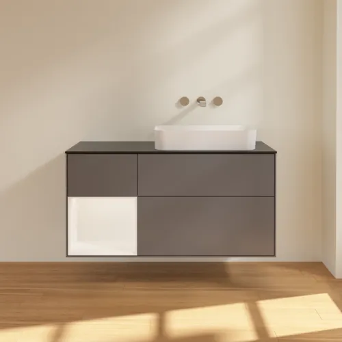 VILLEROY BOCH Toaletní skříňka Finion, s osvětlením, 3 výsuvy, 1200 x 603 x 501 mm, antracitový matný lak / bílý matný lak / černé matné sklo #F682MTGK, obrázek 3