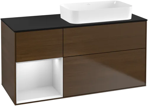 VILLEROY BOCH Toaletní skříňka Finion, s osvětlením, 3 výsuvy, 1200 x 603 x 501 mm, ořechová dýha / bílý matný lak / černé matné sklo #F682MTGN