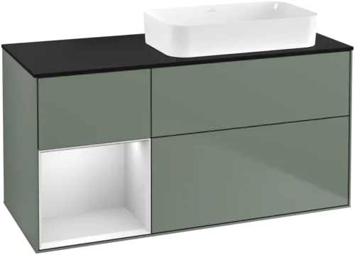VILLEROY BOCH Toaletní skříňka Finion, s osvětlením, 3 výsuvy, 1200 x 603 x 501 mm, olivový matný lak / bílý matný lak / černé matné sklo #F682MTGM