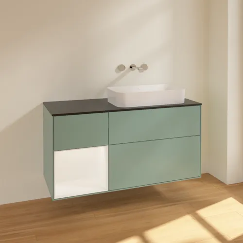 VILLEROY BOCH Toaletní skříňka Finion, s osvětlením, 3 výsuvy, 1200 x 603 x 501 mm, olivový matný lak / bílý matný lak / černé matné sklo #F682MTGM, obrázek 2