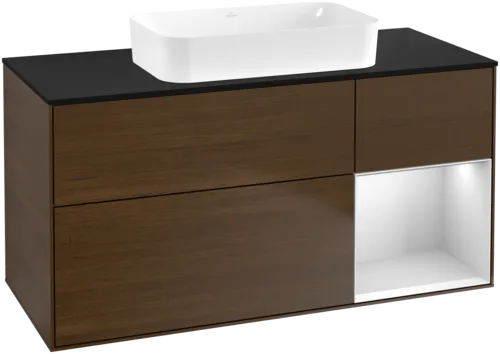 VILLEROY BOCH Toaletní skříňka Finion, s osvětlením, 3 výsuvy, 1200 x 603 x 501 mm, ořechová dýha / bílý matný lak / černé matné sklo #F712MTGN