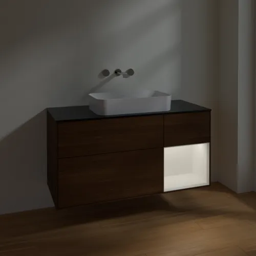 VILLEROY BOCH Toaletní skříňka Finion, s osvětlením, 3 výsuvy, 1200 x 603 x 501 mm, ořechová dýha / bílý matný lak / černé matné sklo #F712MTGN, obrázek 5