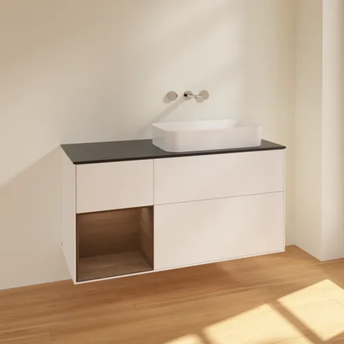 VILLEROY BOCH Toaletní skříňka Finion, s osvětlením, 3 výsuvy, 1200 x 603 x 501 mm, bílý matný lak / ořechová dýha / černé matné sklo #F682GNMT, obrázek 2