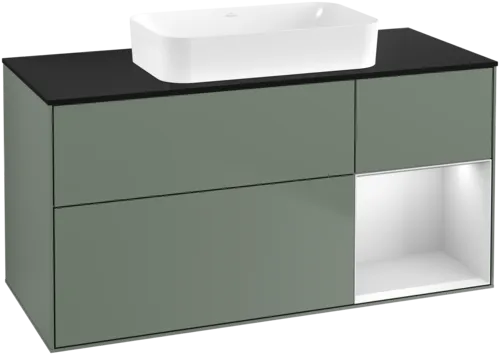VILLEROY BOCH Toaletní skříňka Finion, s osvětlením, 3 výsuvy, 1200 x 603 x 501 mm, olivový matný lak / bílý matný lak / černé matné sklo #F712MTGM