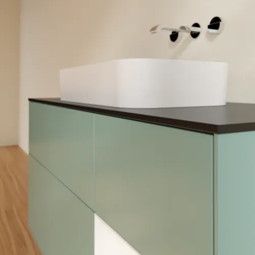 VILLEROY BOCH Toaletní skříňka Finion, s osvětlením, 3 výsuvy, 1200 x 603 x 501 mm, olivový matný lak / bílý matný lak / černé matné sklo #F712MTGM, obrázek 3