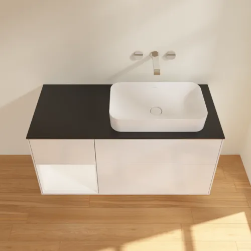 VILLEROY BOCH Toaletní skříňka Finion, s osvětlením, 3 výsuvy, 1200 x 603 x 501 mm, lesklý bílý lak / bílý matný lak / sklo černé matné #F682MTGF, obrázek 3