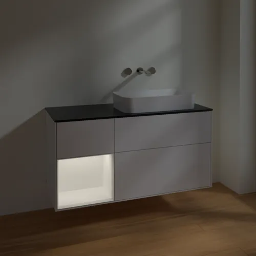 VILLEROY BOCH Toaletní skříňka Finion, s osvětlením, 3 výsuvy, 1200 x 603 x 501 mm, lesklý bílý lak / bílý matný lak / sklo černé matné #F682MTGF, obrázek 4
