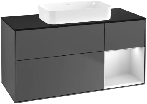 VILLEROY BOCH Toaletní skříňka Finion, s osvětlením, 3 výsuvy, 1200 x 603 x 501 mm, antracitový matný lak / bílý matný lak / černé matné sklo #F712MTGK