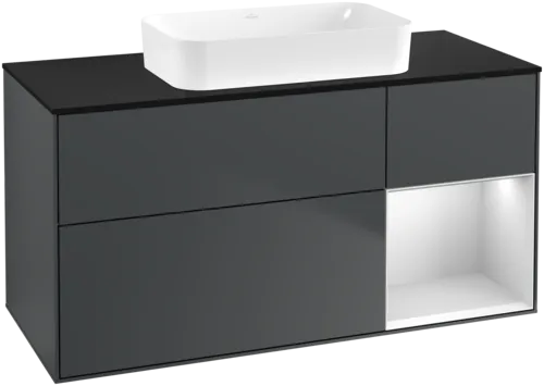 VILLEROY BOCH Toaletní skříňka Finion, s osvětlením, 3 výsuvy, 1200 x 603 x 501 mm, Midnight Blue Matt Lacquer / White Matt Lacquer / Glass Black Matt #F712MTHG