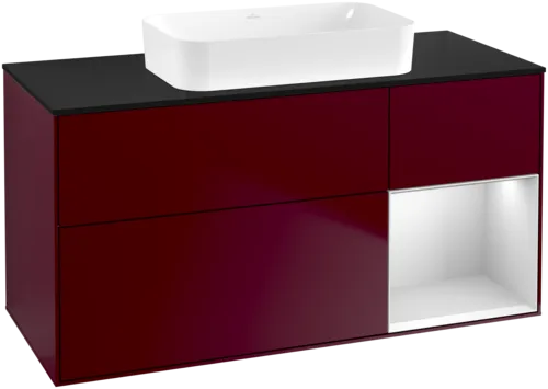 VILLEROY BOCH Toaletní skříňka Finion, s osvětlením, 3 výsuvy, 1200 x 603 x 501 mm, matný lak Peony / bílý matný lak / černé matné sklo #F712MTHB