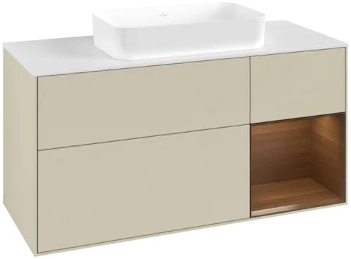 VILLEROY BOCH Toaletní skříňka Finion, s osvětlením, 3 výsuvy, 1200 x 603 x 501 mm, hedvábně šedý matný lak / ořechová dýha / sklo bílé matné #F711GNHJ