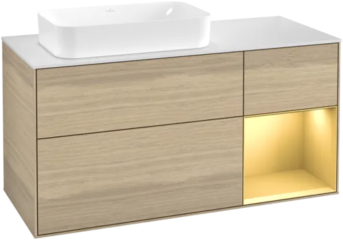 VILLEROY BOCH Toaletní skříňka Finion, s osvětlením, 3 výsuvy, 1200 x 603 x 501 mm, dubová dýha / zlatý matný lak / sklo bílé matné #F691HFPC
