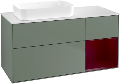 VILLEROY BOCH Toaletní skříňka Finion, s osvětlením, 3 výsuvy, 1200 x 603 x 501 mm, olivový matný lak / pivoňkový matný lak / bílé matné sklo #F691HBGM