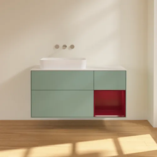 VILLEROY BOCH Toaletní skříňka Finion, s osvětlením, 3 výsuvy, 1200 x 603 x 501 mm, olivový matný lak / pivoňkový matný lak / bílé matné sklo #F691HBGM, obrázek 2