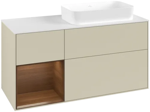 VILLEROY BOCH Toaletní skříňka Finion, s osvětlením, 3 výsuvy, 1200 x 603 x 501 mm, hedvábně šedý matný lak / ořechová dýha / sklo bílé matné #F681GNHJ