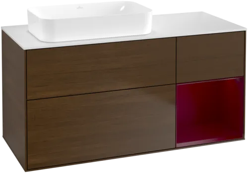 VILLEROY BOCH Toaletní skříňka Finion, s osvětlením, 3 výsuvy, 1200 x 603 x 501 mm, ořechová dýha / matný lak Pivoňka / matné bílé sklo #F691HBGN
