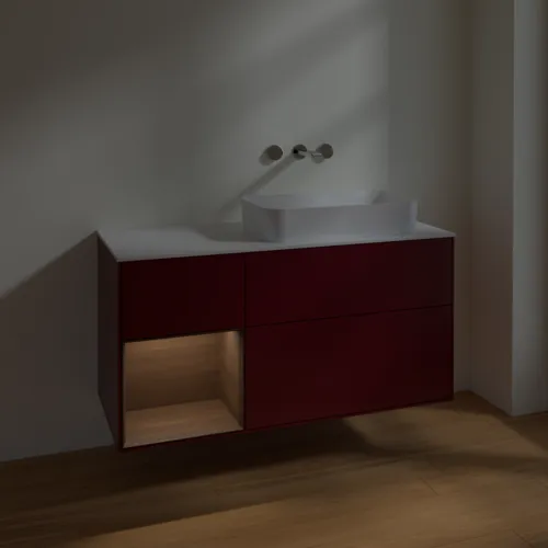 VILLEROY BOCH Toaletní skříňka Finion, s osvětlením, 3 výsuvy, 1200 x 603 x 501 mm, matný lak Peony / ořechová dýha / bílé matné sklo #F681GNHB, obrázek 4