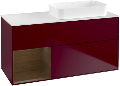 VILLEROY BOCH Toaletní skříňka Finion, s osvětlením, 3 výsuvy, 1200 x 603 x 501 mm, matný lak Peony / ořechová dýha / bílé matné sklo #F681GNHB
