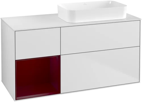 VILLEROY BOCH Toaletní skříňka Finion, s osvětlením, 3 výsuvy, 1200 x 603 x 501 mm, bílý matný lak / pivoňkový matný lak / sklo bílé matné #F681HBMT