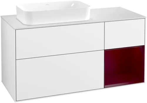 VILLEROY BOCH Toaletní skříňka Finion, s osvětlením, 3 výsuvy, 1200 x 603 x 501 mm, lesklý bílý lak / matný lak Pivoňka / matné bílé sklo #F691HBGF