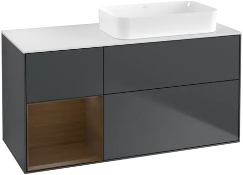 VILLEROY BOCH Toaletní skříňka Finion, s osvětlením, 3 výsuvy, 1200 x 603 x 501 mm, půlnočně modrý matný lak / ořechová dýha / bílé matné sklo #F681GNHG