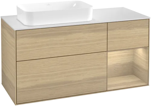 VILLEROY BOCH Toaletní skříňka Finion, s osvětlením, 3 výsuvy, 1200 x 603 x 501 mm, dubová dýha / dubová dýha / sklo bílé matné #F691PCPC