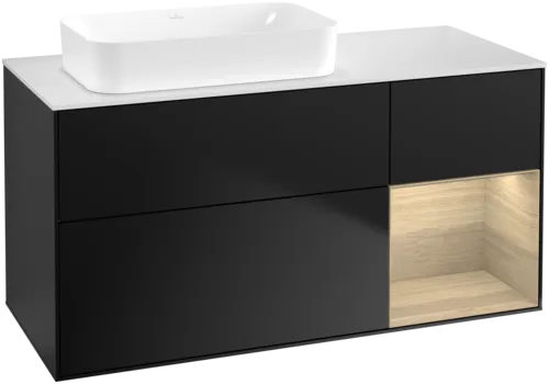 VILLEROY BOCH Toaletní skříňka Finion, s osvětlením, 3 výsuvy, 1200 x 603 x 501 mm, černý matný lak / dubová dýha / sklo bílé matné #F691PCPD