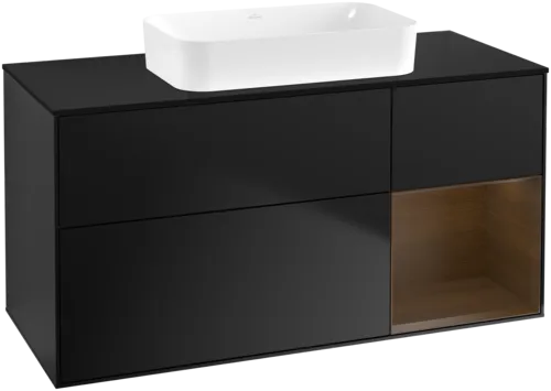 VILLEROY BOCH Toaletní skříňka Finion, s osvětlením, 3 výsuvy, 1200 x 603 x 501 mm, černý matný lak / ořechová dýha / černé matné sklo #F712GNPD