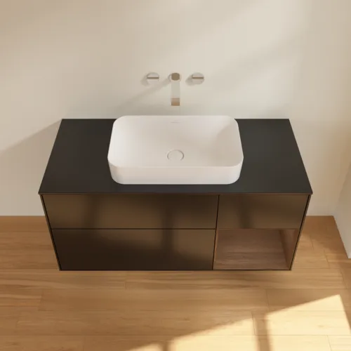 VILLEROY BOCH Toaletní skříňka Finion, s osvětlením, 3 výsuvy, 1200 x 603 x 501 mm, černý matný lak / ořechová dýha / černé matné sklo #F712GNPD, obrázek 2