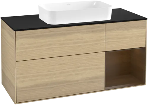 VILLEROY BOCH Toaletní stolek Finion, s osvětlením, 3 výsuvy, 1200 x 603 x 501 mm, dubová dýha / ořechová dýha / sklo černé matné #F712GNPC