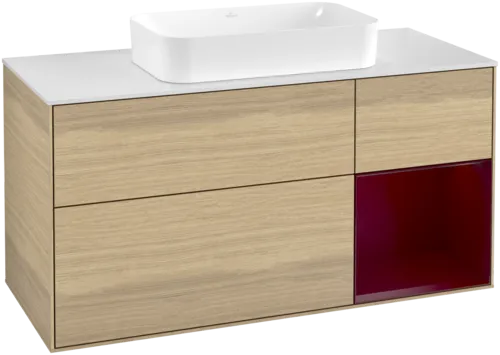 VILLEROY BOCH Toaletní skříňka Finion, s osvětlením, 3 výsuvy, 1200 x 603 x 501 mm, dubová dýha / matný lak Pivoňka / matné bílé sklo #F711HBPC