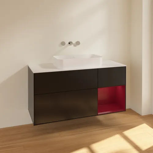 VILLEROY BOCH Toaletní skříňka Finion, s osvětlením, 3 výsuvy, 1200 x 603 x 501 mm, černý matný lak / pivoňkový matný lak / bílé matné sklo #F711HBPD, obrázek 2
