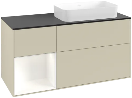 VILLEROY BOCH Toaletní skříňka Finion, s osvětlením, 3 výsuvy, 1200 x 603 x 501 mm, Silk Grey Matt Lacquer / White Matt Lacquer / Glass Black Matt #F682MTHJ